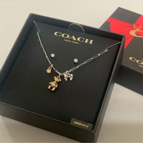 New With Box Coach Teddy Bear And Bow Earrings And Necklace Boxed Set CCU46 - Picture 10 of 11